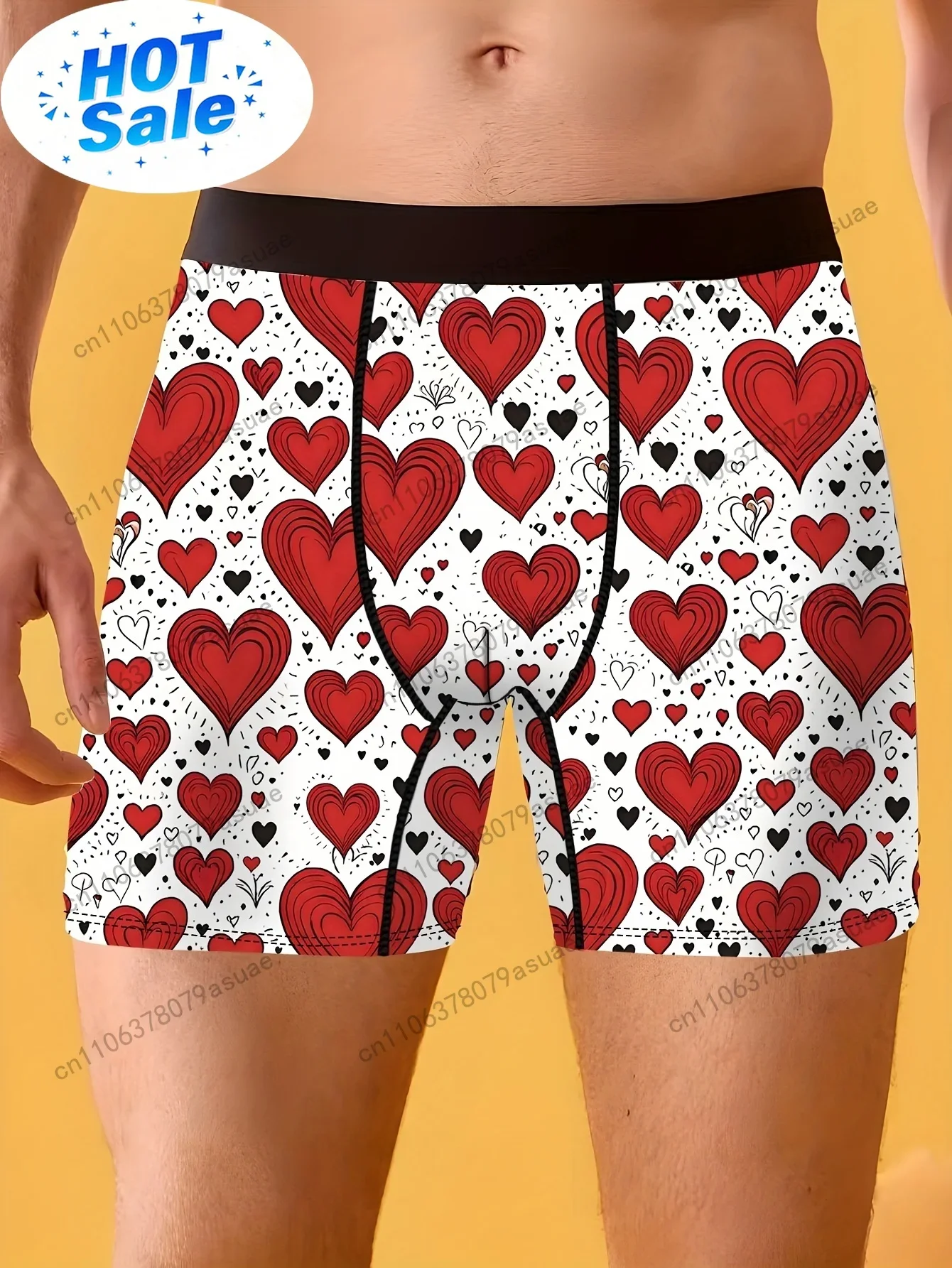 Quick Dry Underwear - กางเกงบ็อกเซอร์พิมพ์ลายหัวใจสำหรับผู้ชาย 1 ชิ้น - ชุดชั้นในแห้งเร็วเนื้อนุ่มยืดหยุ่นพร้อมขอบเอวยางยืดและเชือกผูกสีแดงและลายหัวใจ